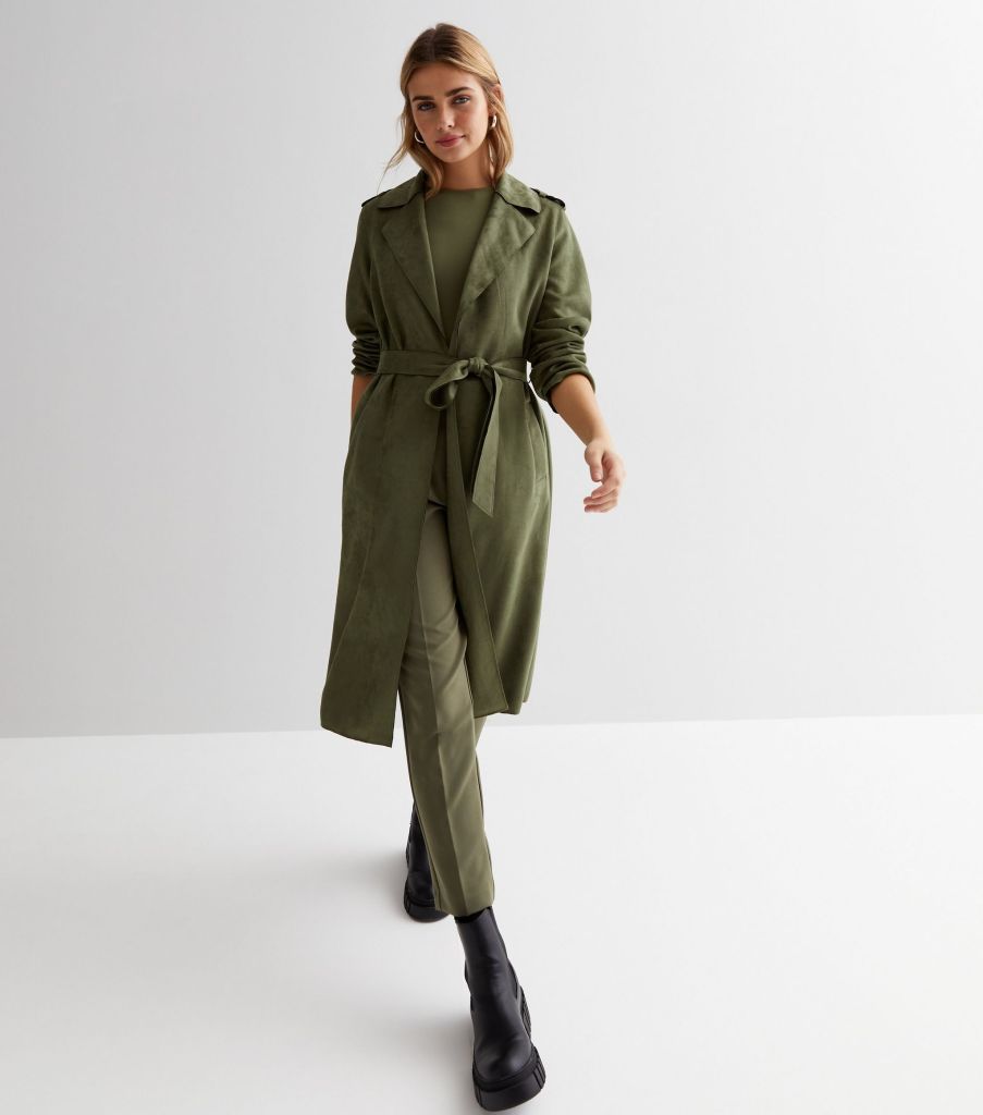 Khaki suedette belted mac, New Look