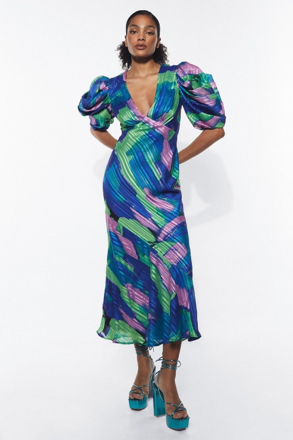Warehouse Abstract Print Jacquard Puff Sleeve Maxi Dress