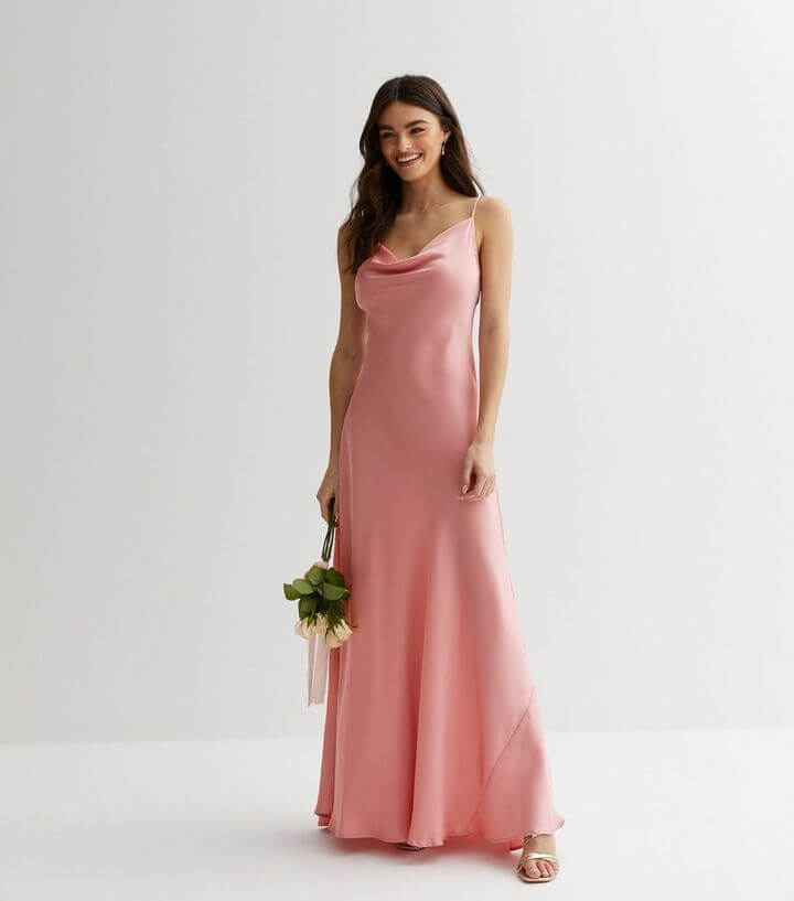 New Look Pink Satin Cowl Neck Strappy Maxi Dress 