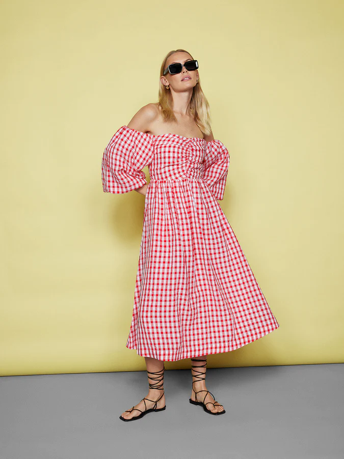 Alexis Red Gingham Bardot Midi Dress from Kitri - Red Wedding Guest Dresses