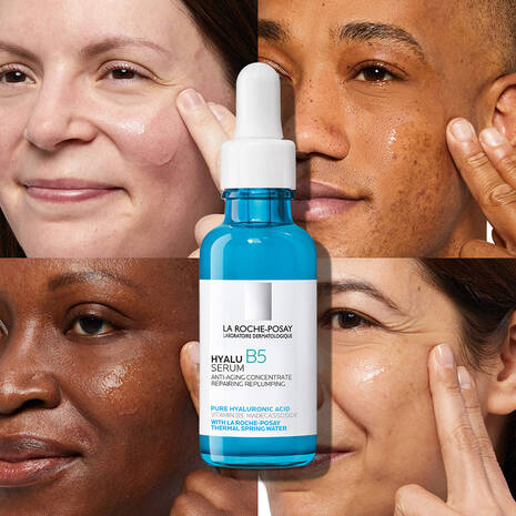 Photo of La Roche-Posay HyaluB5 Hyaluronic Acid Serum with a background of faces from La Roche Posay website