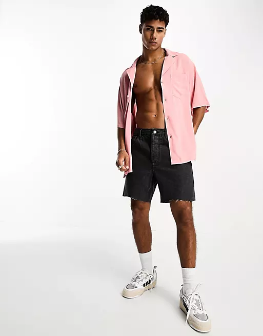 ASOS DESIGN dropped shoulder longline viscose bowling shirt in rose pink 