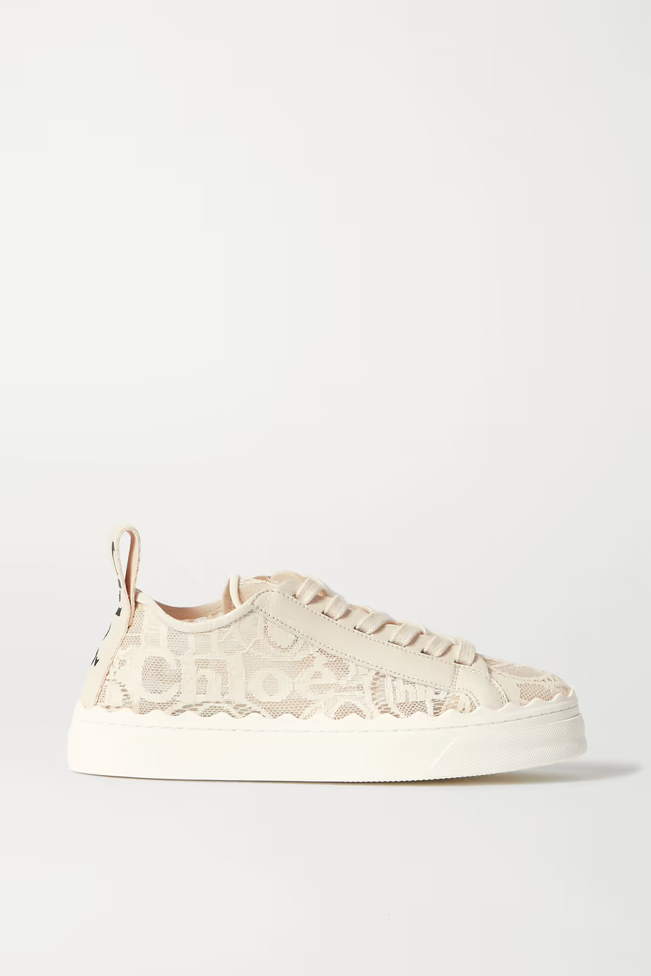 Lauren scalloped lace, leather and canvas sneakers from Chloé  