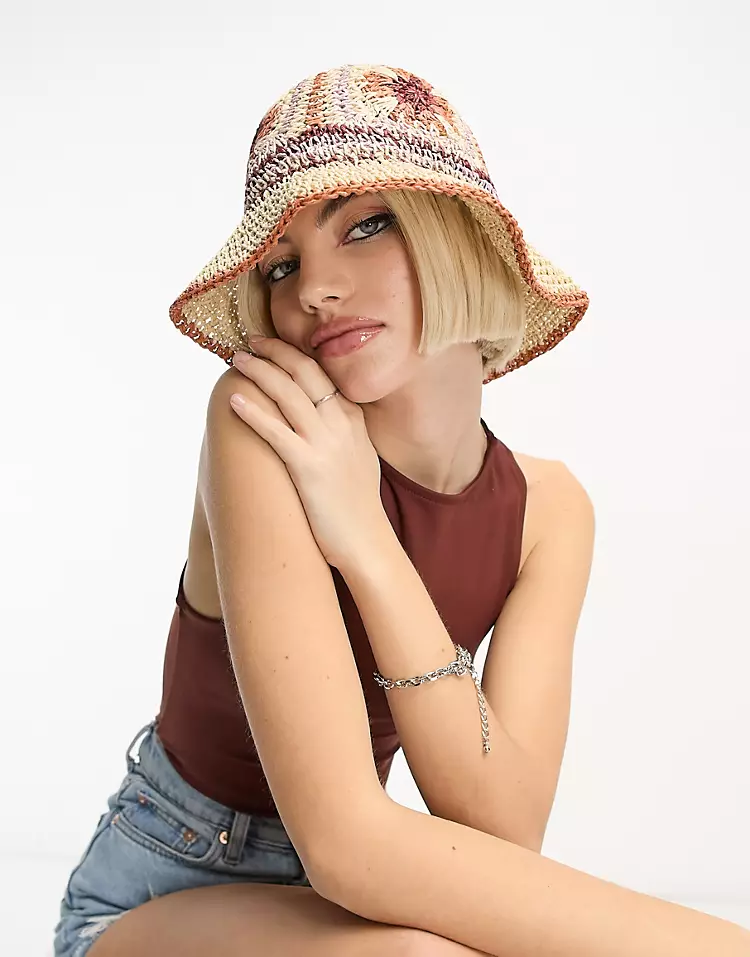 Straw crochet bucket hat with floral design, ASOS