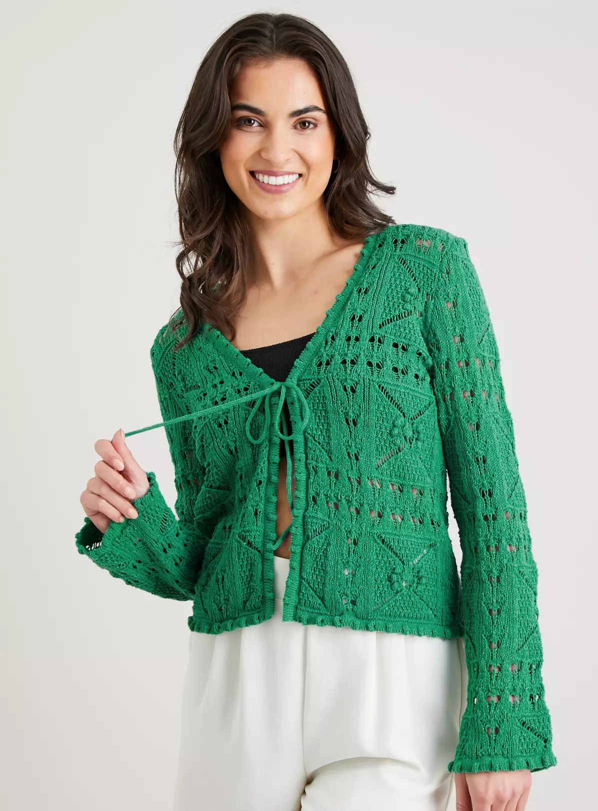 Green Pointelle Knit Tie-Front Cardigan from Tu Clothing
