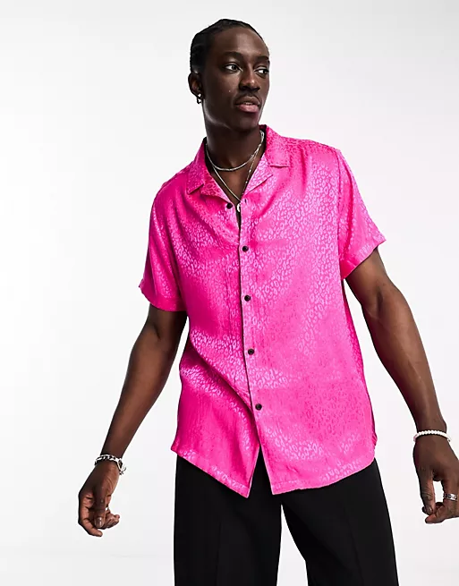 ASOS DESIGN relaxed revere leopard jacquard satin shirt in bright pink 