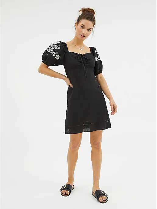 Black Floral Embroidered Linen Blend Mini Dress from George at Asda 