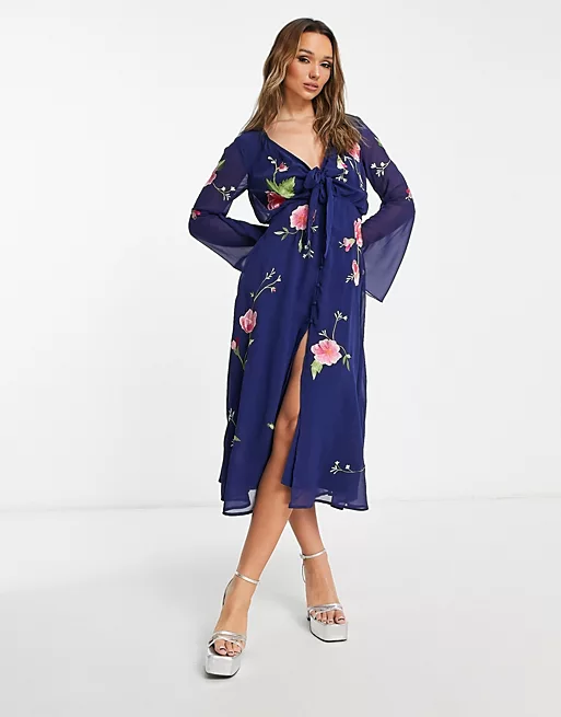 Tie front button through midi dress with floral embroidery in navy from ASOS
