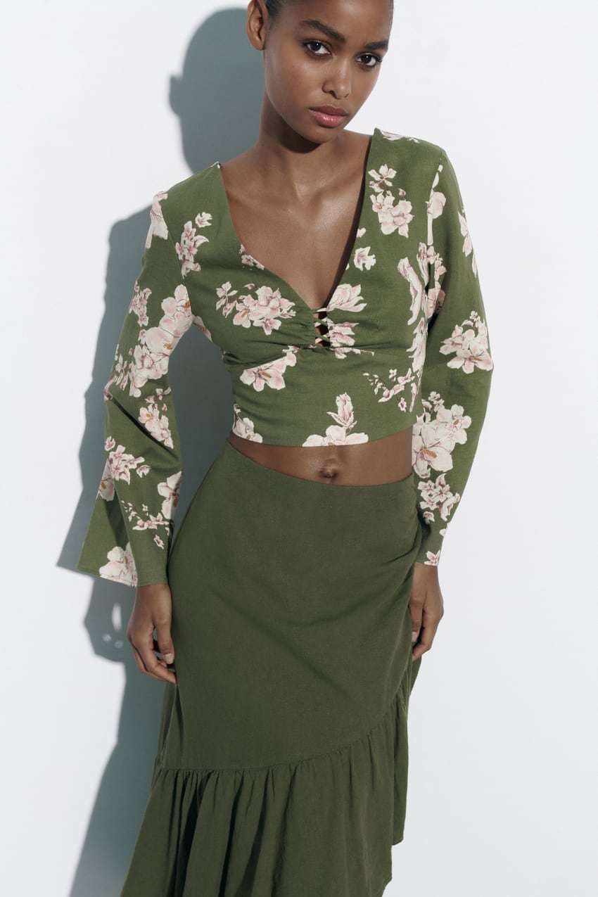 Zara Printed Linen Blend Crop Top 