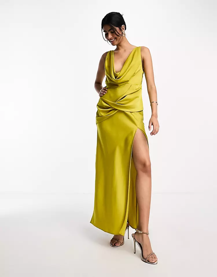 Satin cowl neck maxi dress with ruching detail in gold from ASOS