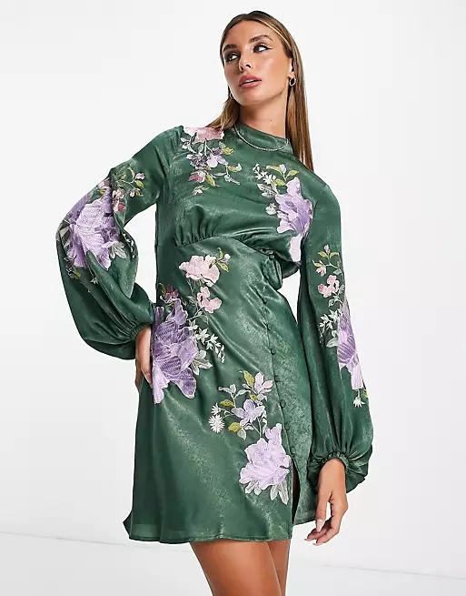 Satin embroidered mini dress with floral artwork in green from ASOS