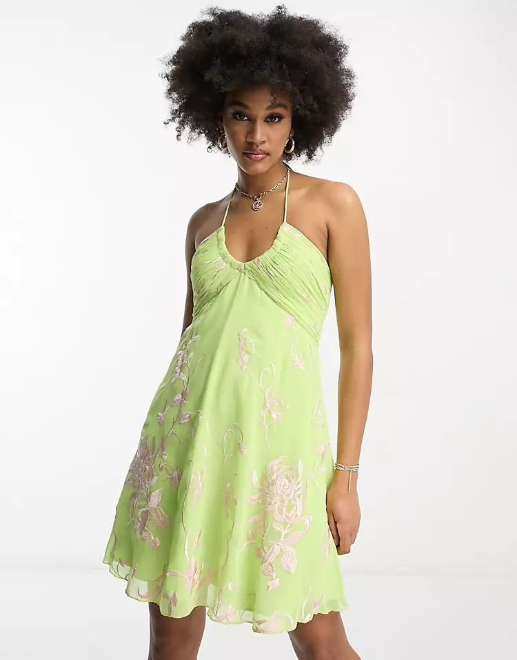 Tall ruched bust embroidered chiffon mini dress with halter neck in lime green from ASOS