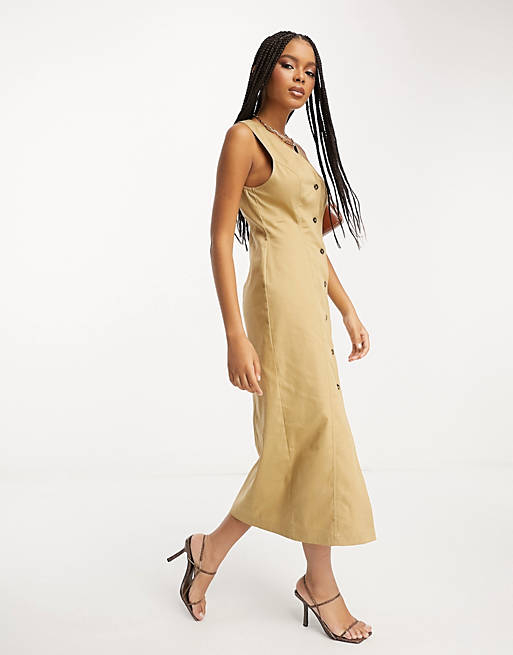 Twill midi dress with button through in camel from ASOS