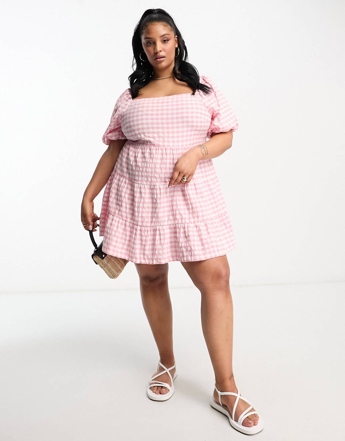 Influence Plus square neck puff sleeve beach dress in pink gingham