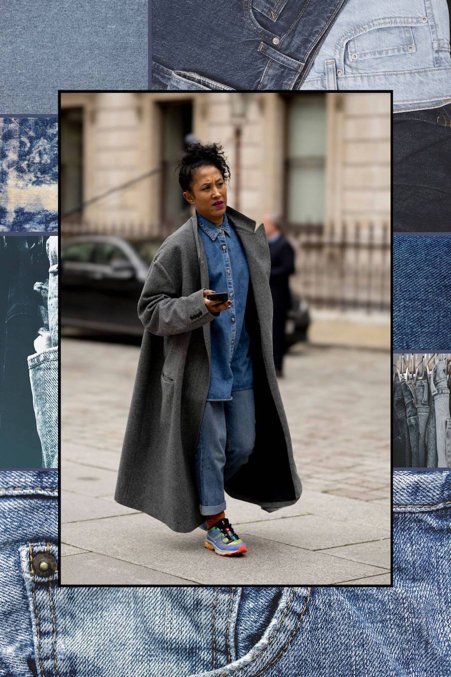 woman wears jeans and sneakers at london fashion week