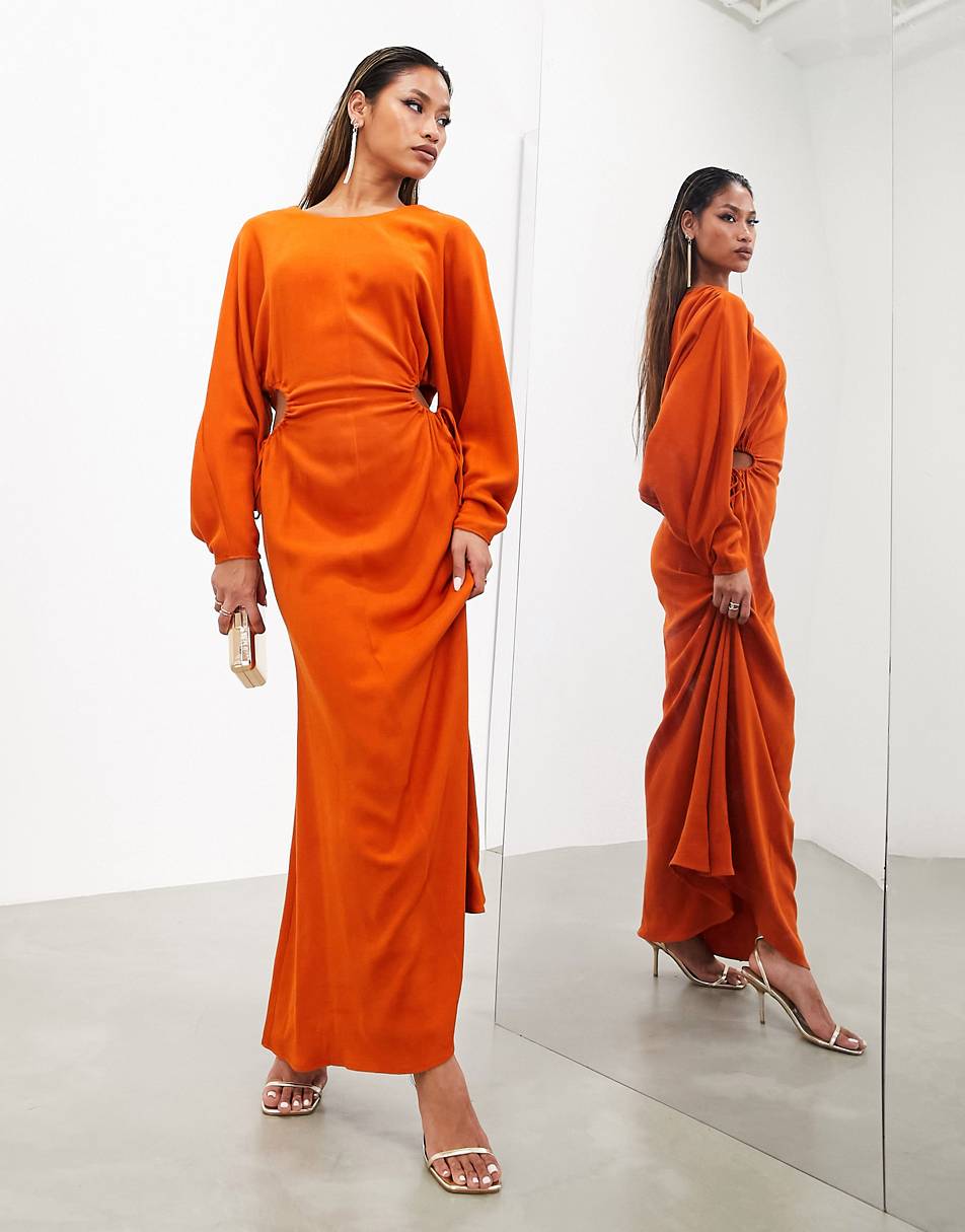 ASOS EDITION ruched side cowl back maxi dress in rust
£95.00£95.00