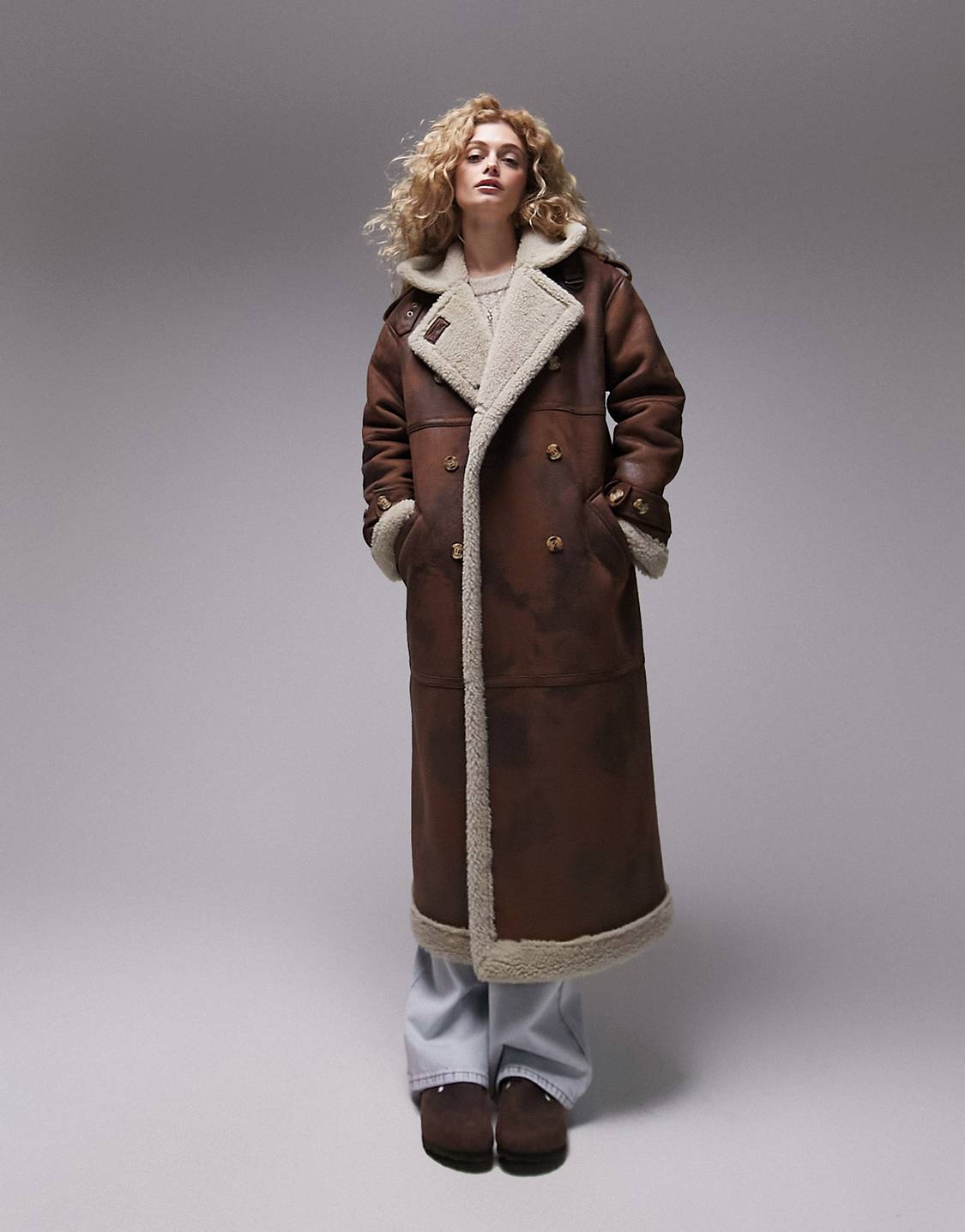 Topshop oversized aviator borg coat in brown, £105