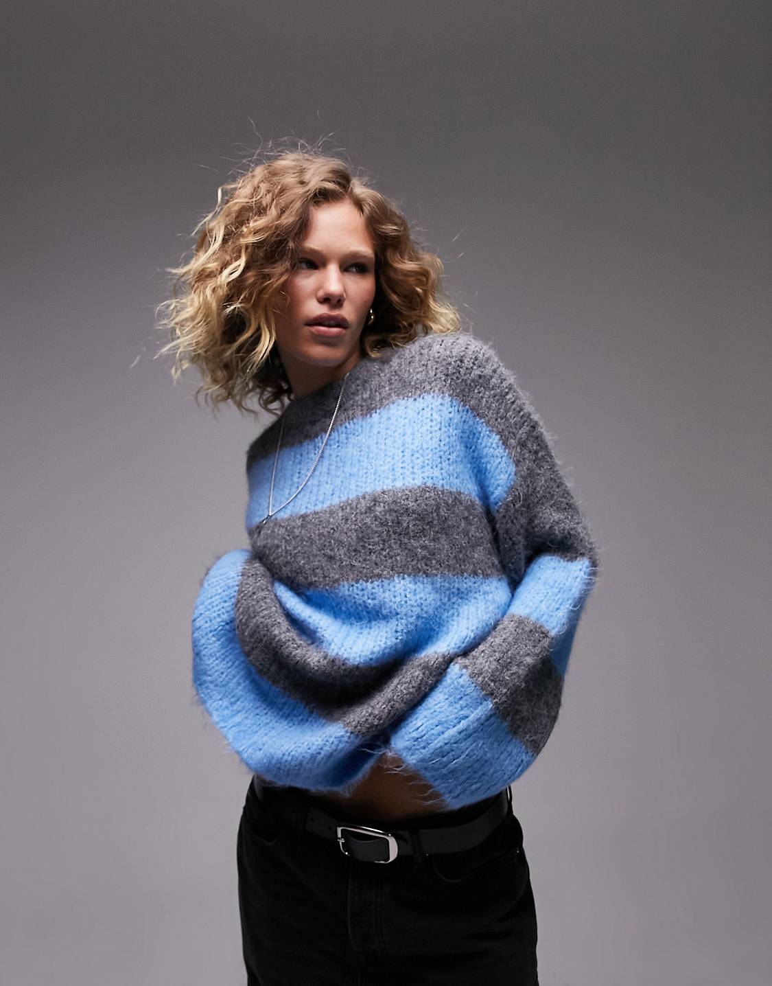 Topshop knitted fluffy bold stripe crew neck oversized jumper in blue and charcoal