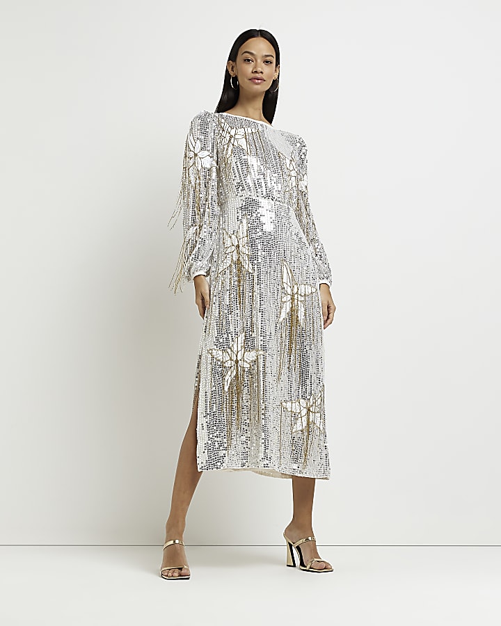 Silver Floral Sequin Long Sleeve Midi Dress, £180, River Island