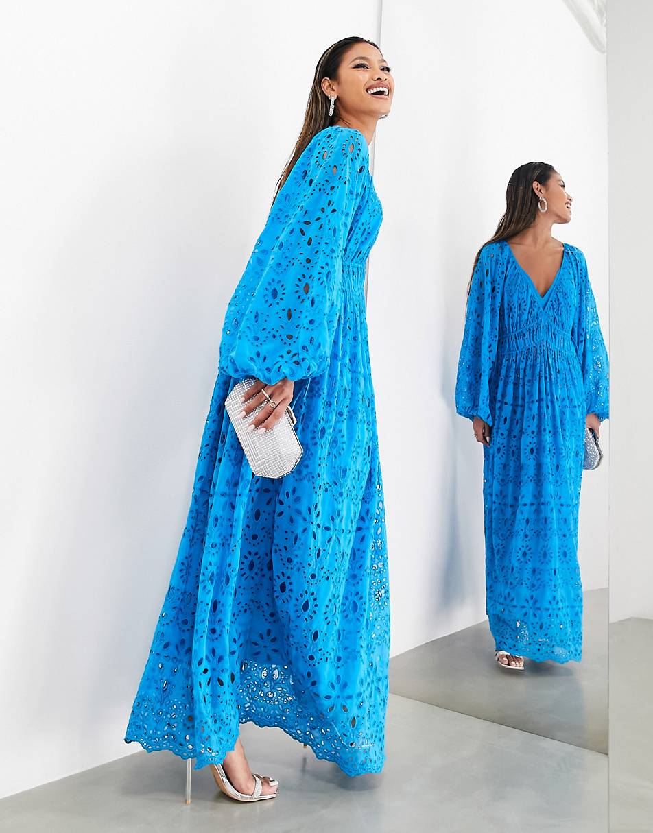 ASOS EDITION broderie oversized v-neck smock maxi dress in bright blue, £17