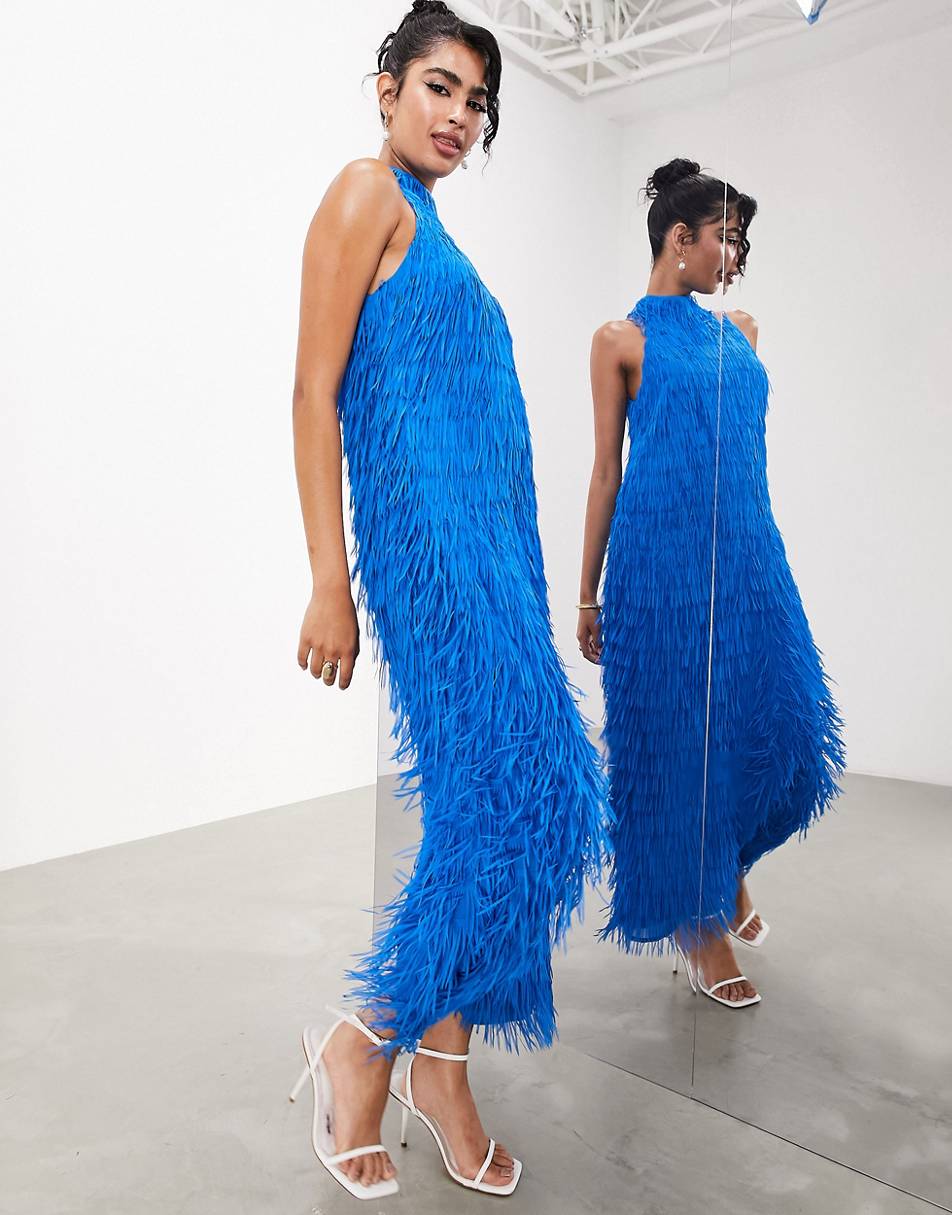 ASOS EDITION statement fringed halter maxi dress in bright blue, £150